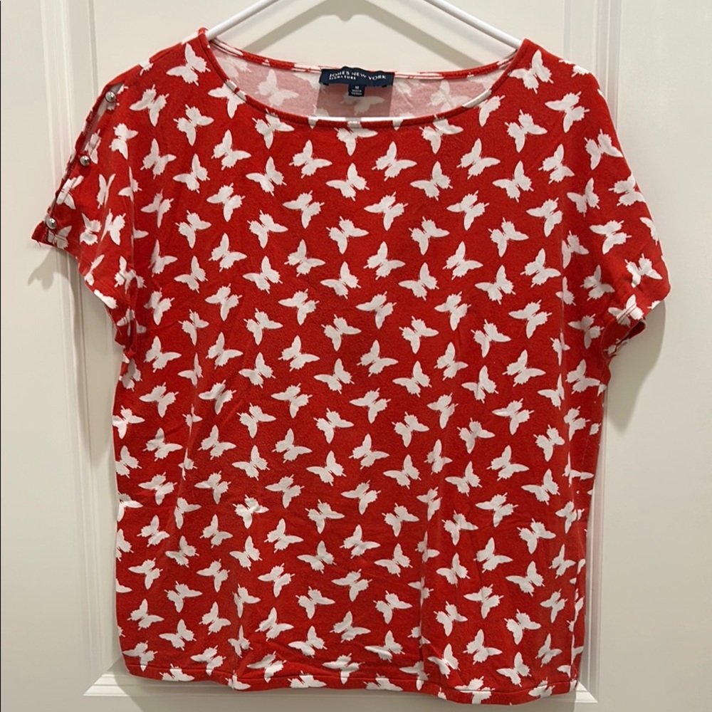 Jones New York Red and White Short Sleeve Tee M